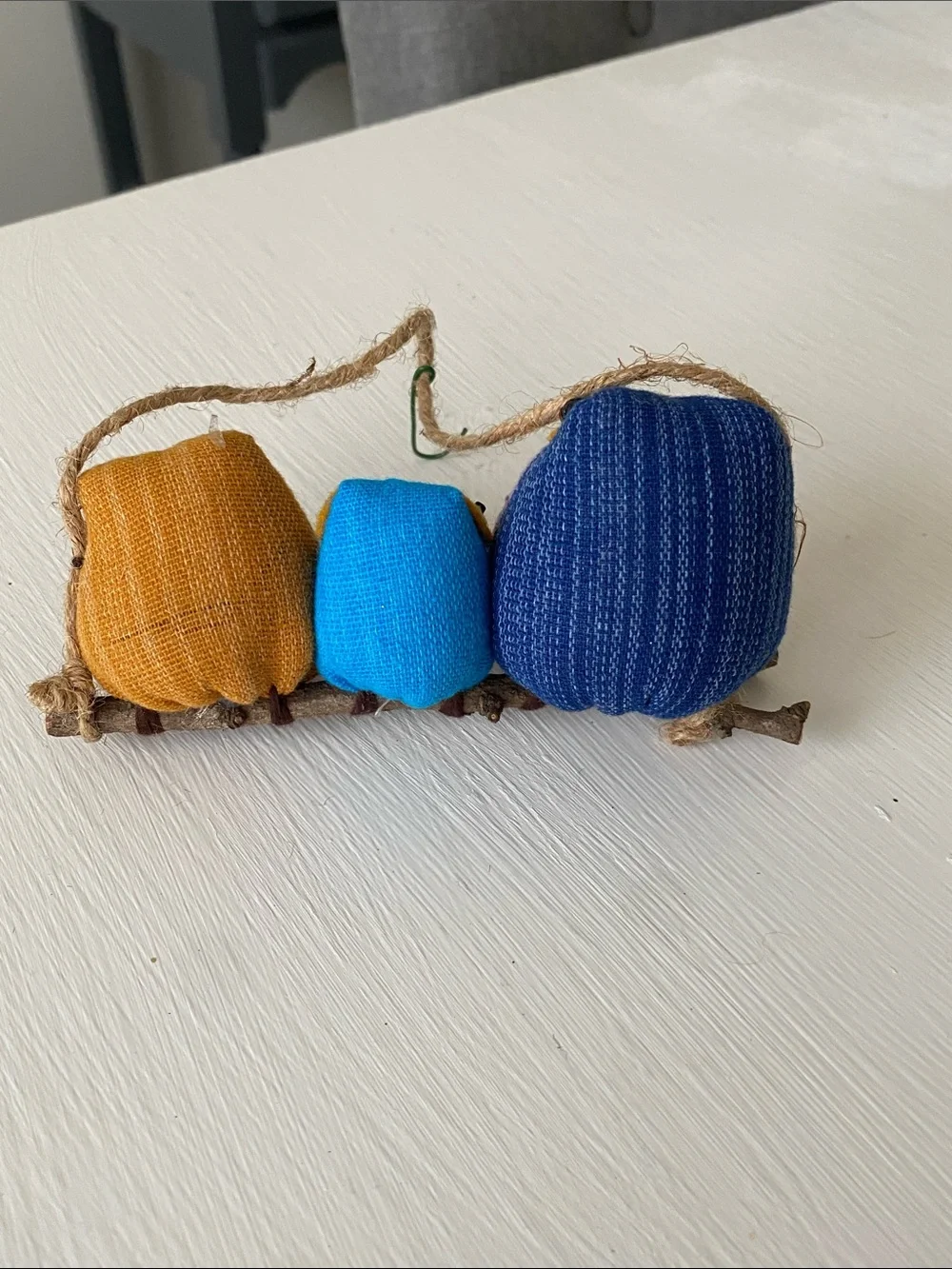Colorful Fabric Owl Trio on a Branch Hanging Ornament - Farmhouse Rustic